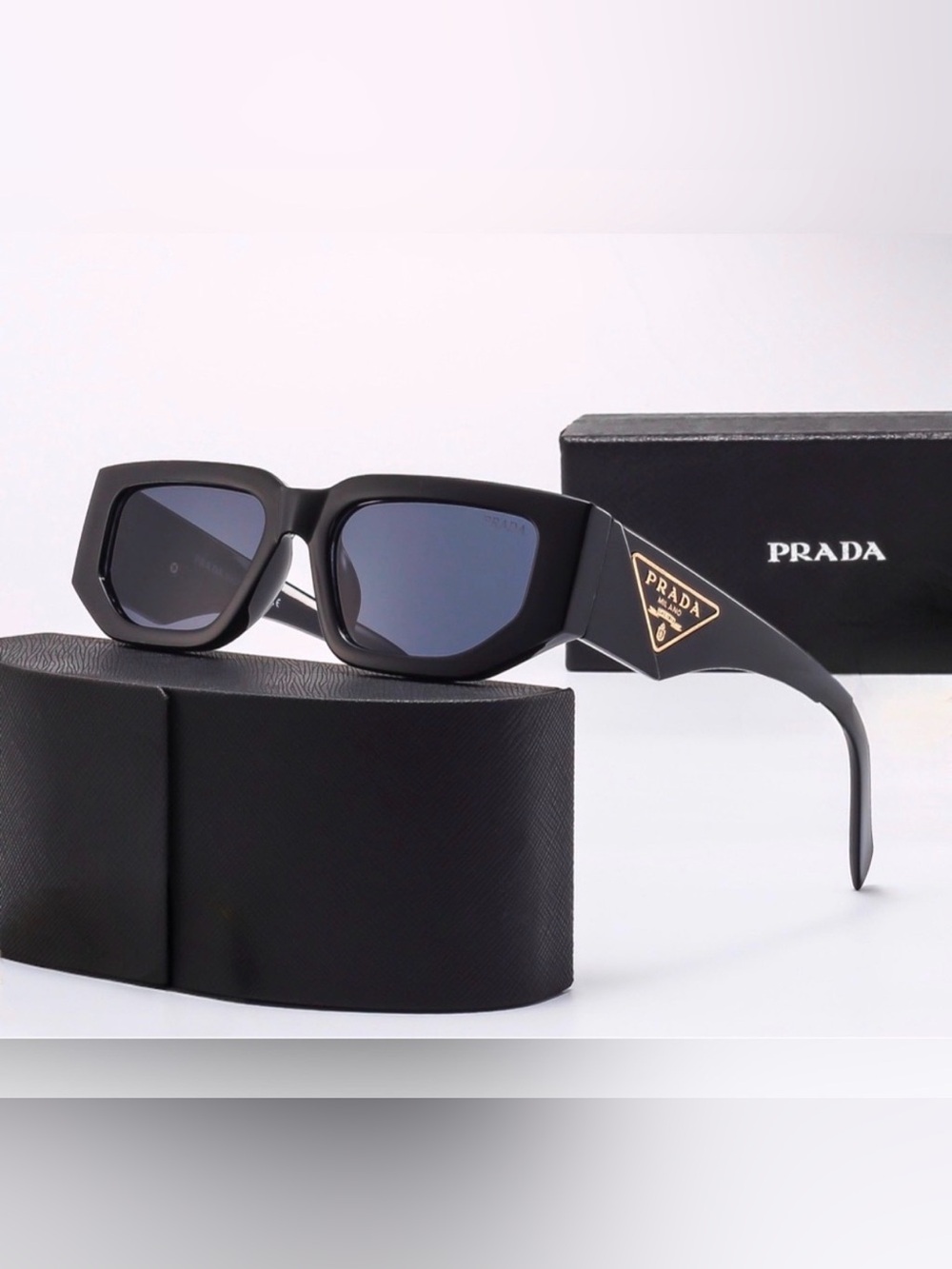 Prada Black Sunglasses With Gold Iconic Monogram Triangle Logo
